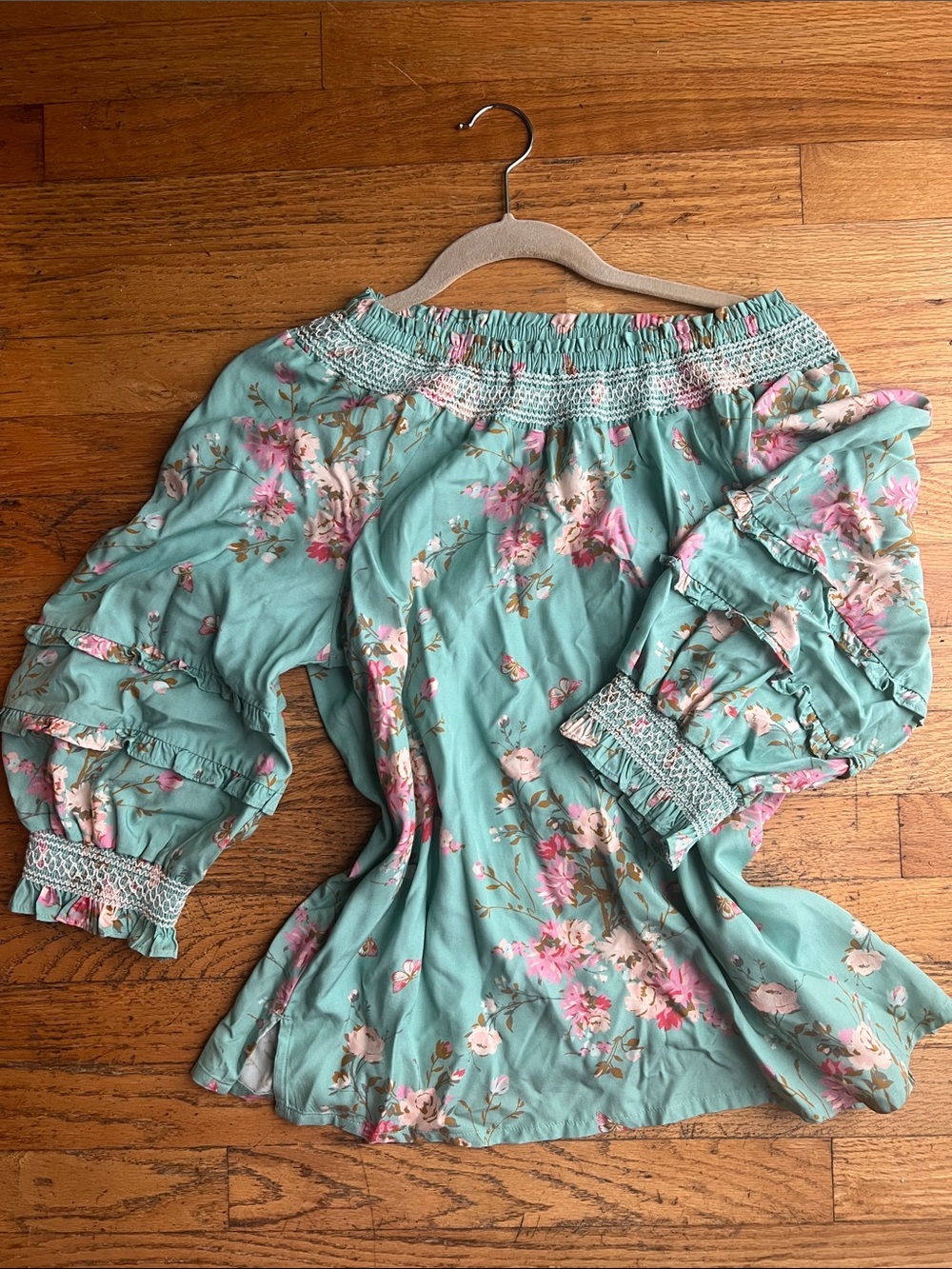 Spartina 449 Mint boho off shoulder Blouse Floral Print ruffle sleeves Medium